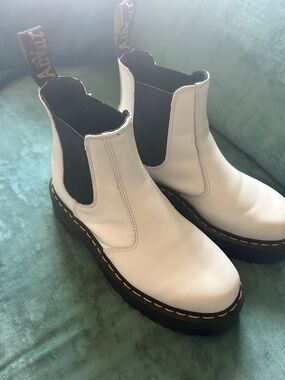 Dr. Martens White Leather Chelsea Platform Booties with Black Elastic
